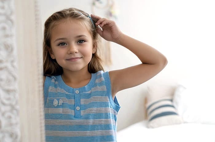 Homewear niños 2 Smiling young girl in a blue striped pyjamas