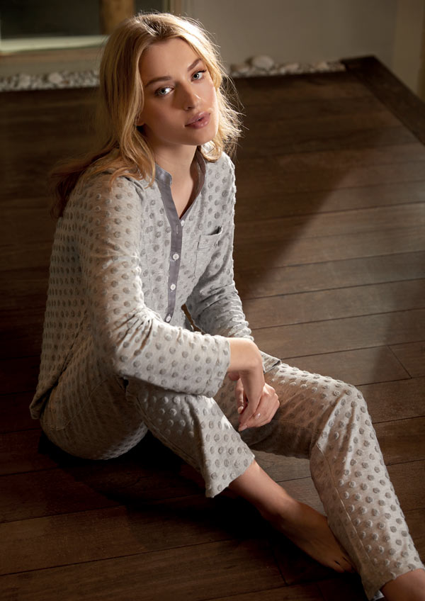 woman in grey winter pyjamas