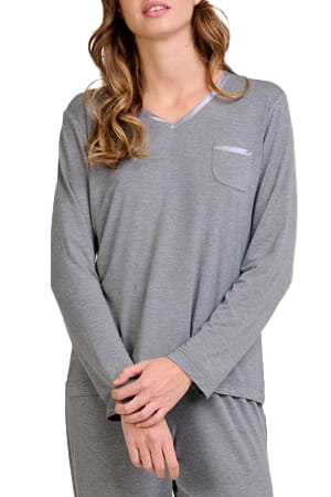 pijama invierno largo mujer gris cuello pico